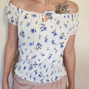 Rue21 White and Blue Smocked Tie Front Blouse